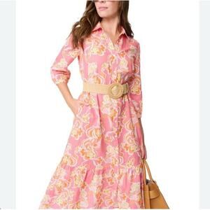 J.Mclaughlin Foley Shirt Dress Women's Medium Ruffle Hem Pink Orange Linen Blend
